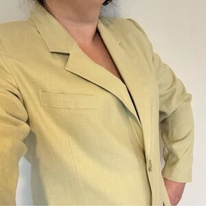 Bice Linen Rayon Blend Blazer Size 14 Pale Green Yellow Vintage Shoulder Pads 90